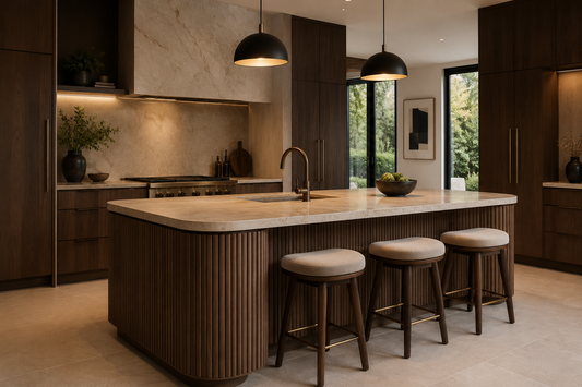 Modern luxury kitchen featuring a walnut wood island with stone countertop, integrated seating, and warm ambient lighting.